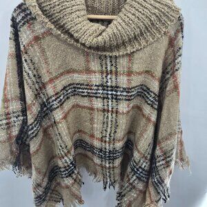 Harve Benard Brown Cozy Plaid Chunky Ribbed Cowl Poncho Fringe One Size